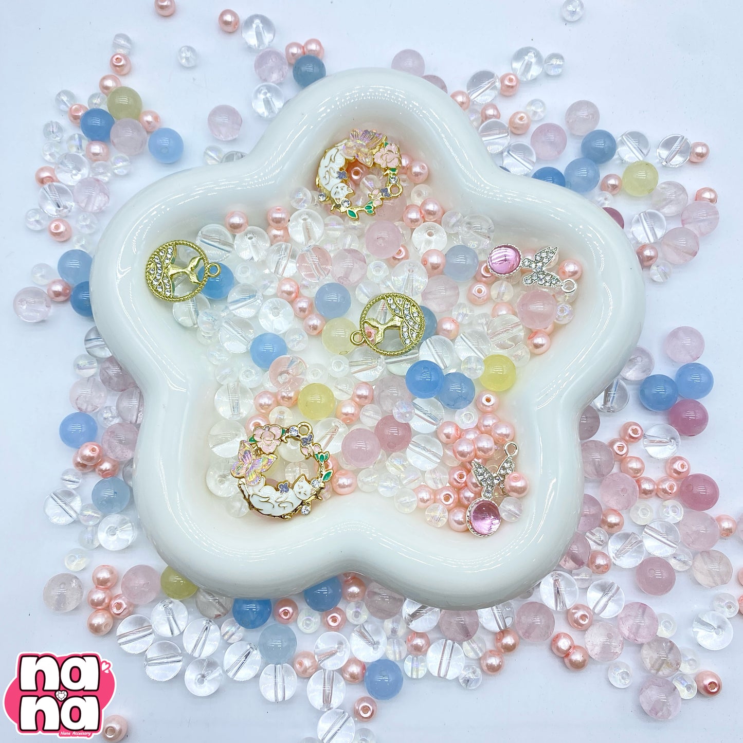 【A701】楽園 高品質天然石(玉髓)XローズクォーツXガラスXパール(6+10)