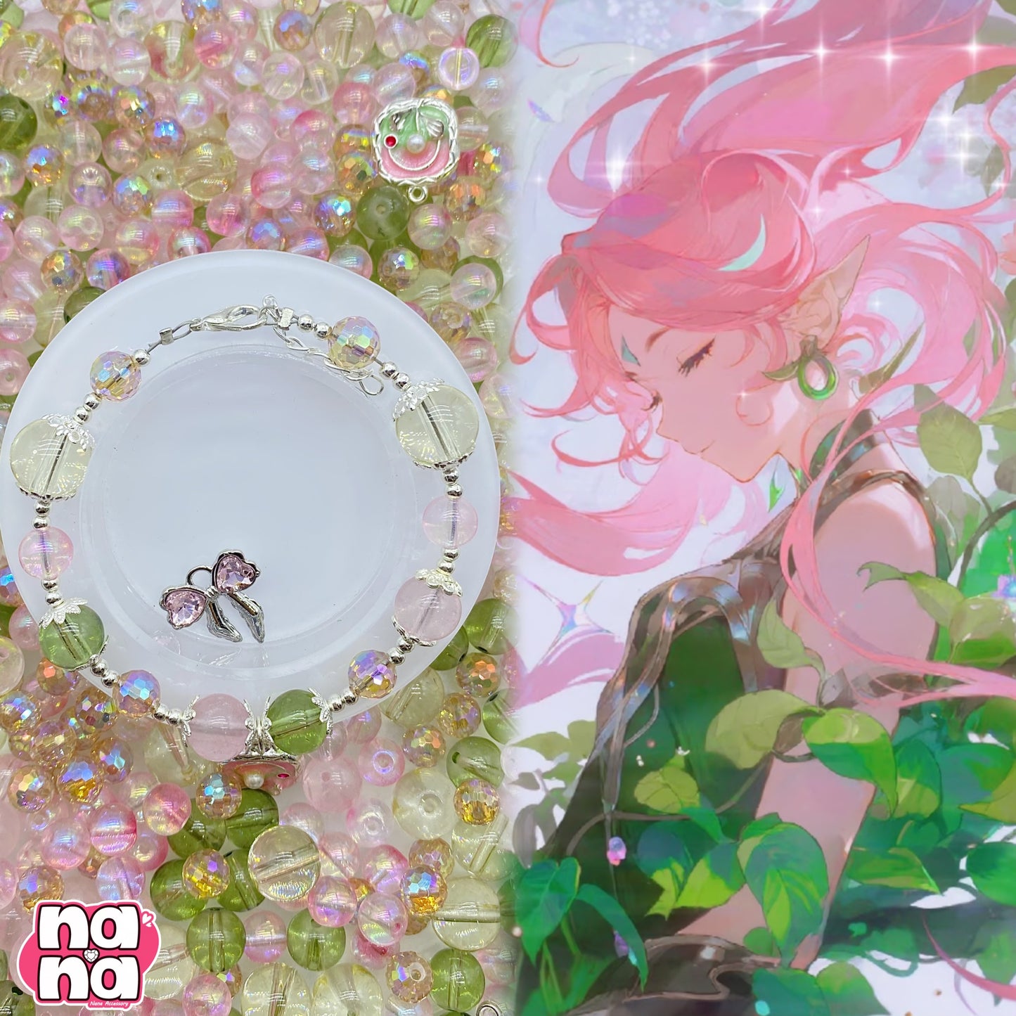 【A1021】月の初恋 高品質天然石XクリスタルXガラス(8+10+12)