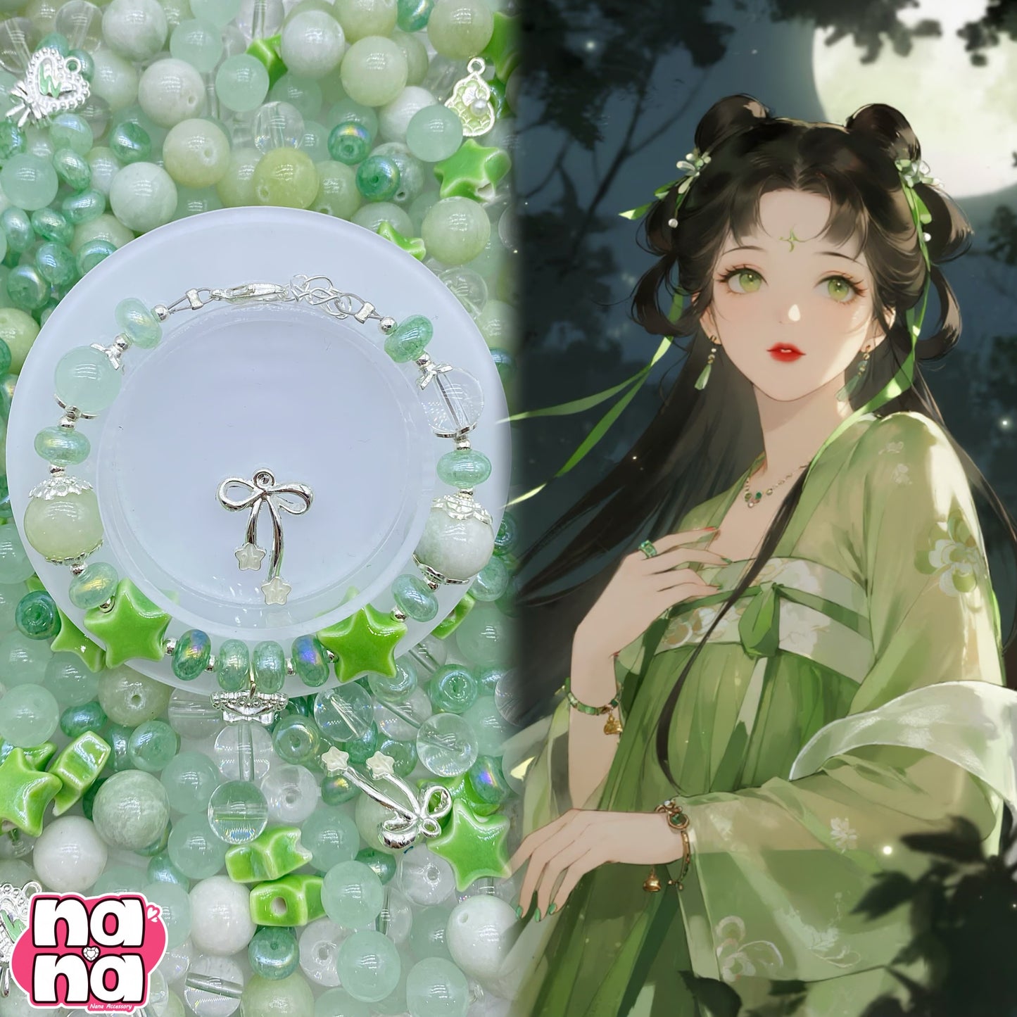 【A1042】世界は恋に落ちている 高品質天然石X磁器の玉Xガラス(10+12)