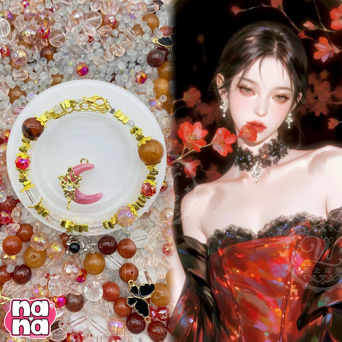 【A1050】夜のローズ🌹 高品質天然石XクリスタルXガラス(8+10+12)