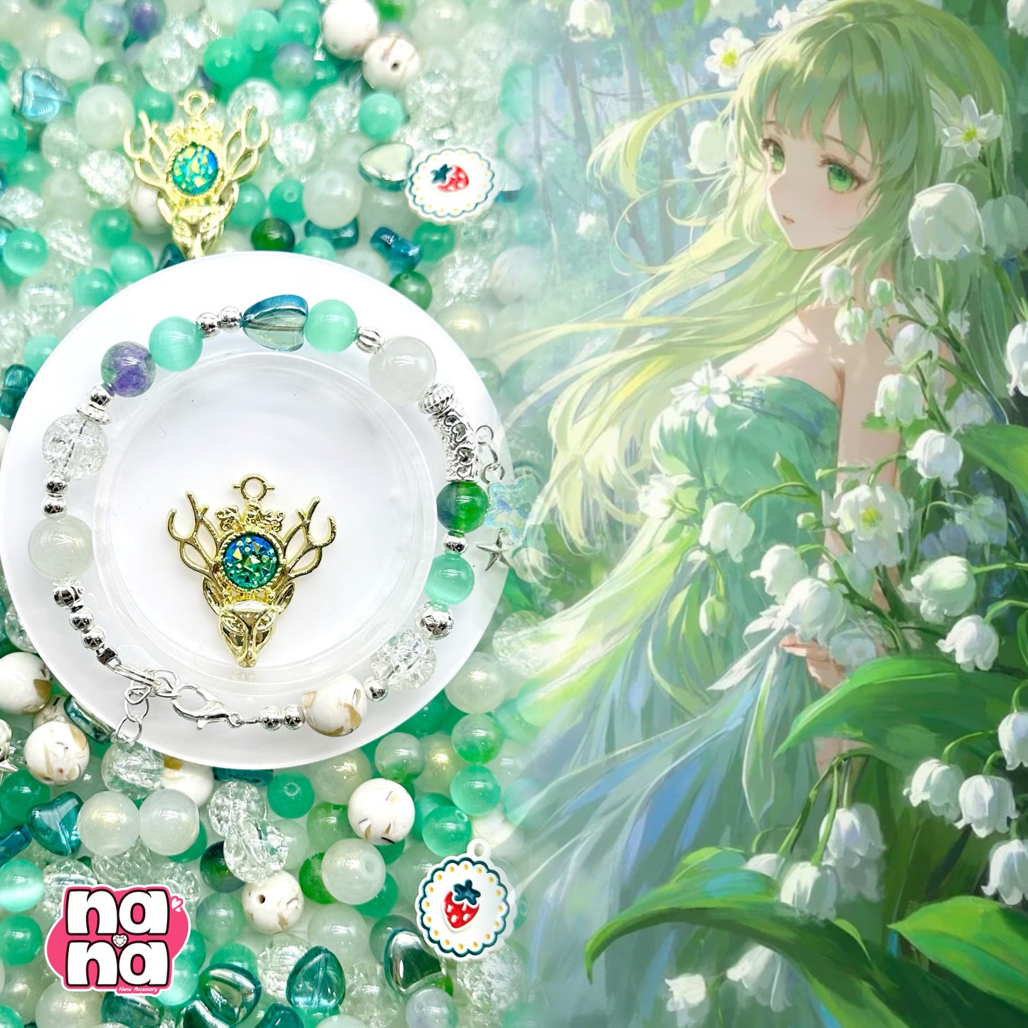 【A1075】溢れる幸せの毎日 高品質天然石XガラスXキャッツアイ(10+8+6)