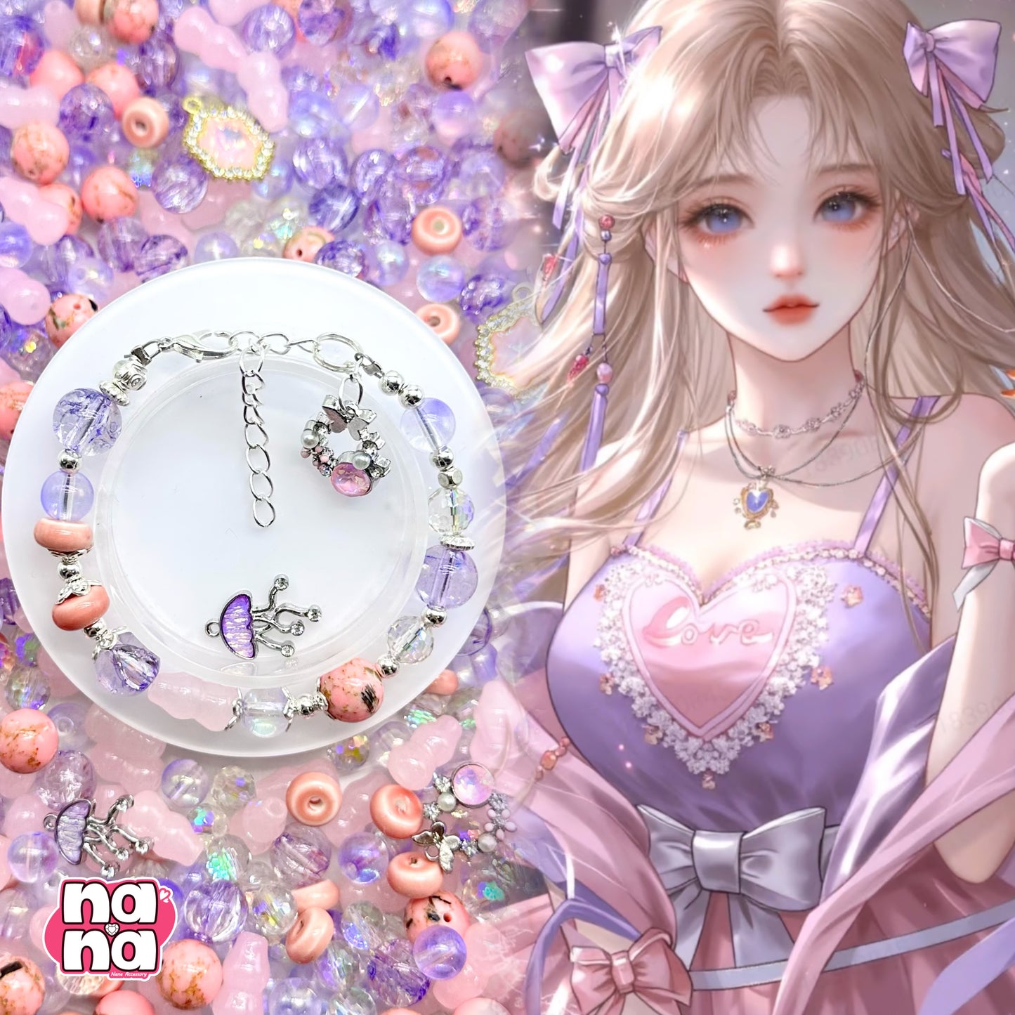 【A1076】君の恋してる 高品質天然石XガラスX磁器の玉(10+6)