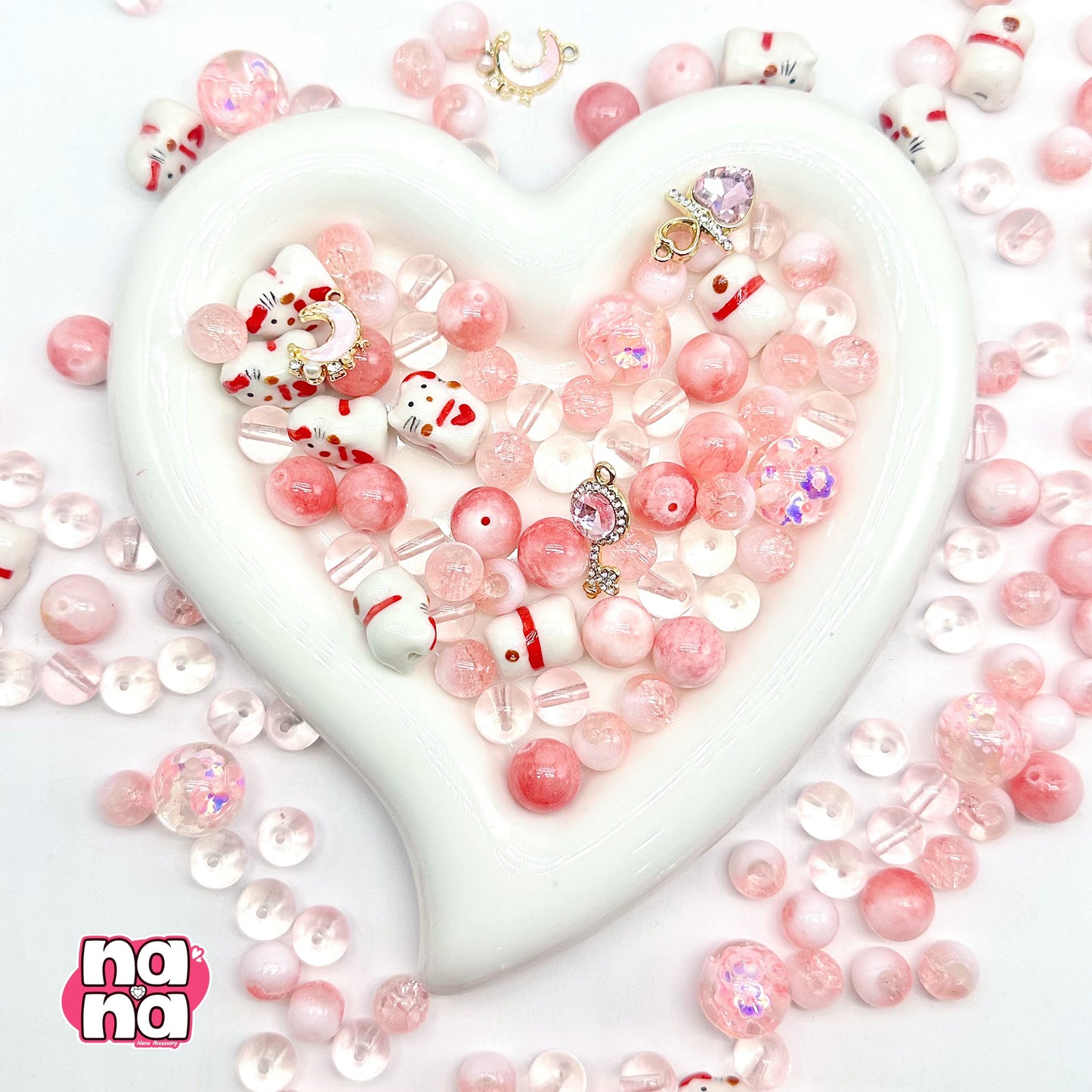 【A1191】月の初恋 高品質天然石X磁器の玉Xガラス(10+12+16)