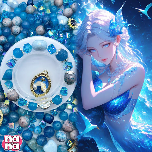 【A709】人魚の物語り   高品質天然石X磁器の玉XクリスタルXガラス（8+10+12）