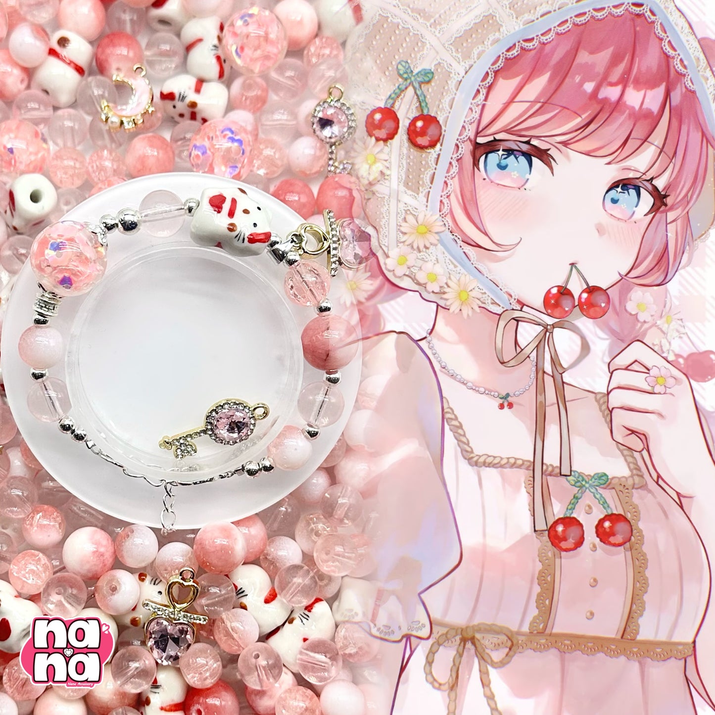 【A1191】月の初恋    高品質天然石X磁器の玉Xガラス（10+12+16）