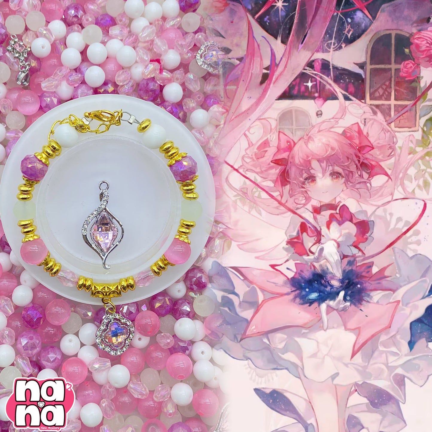 【A1251】月の初恋    高品質キャッツアイXクリスタルXガラス（8+10）