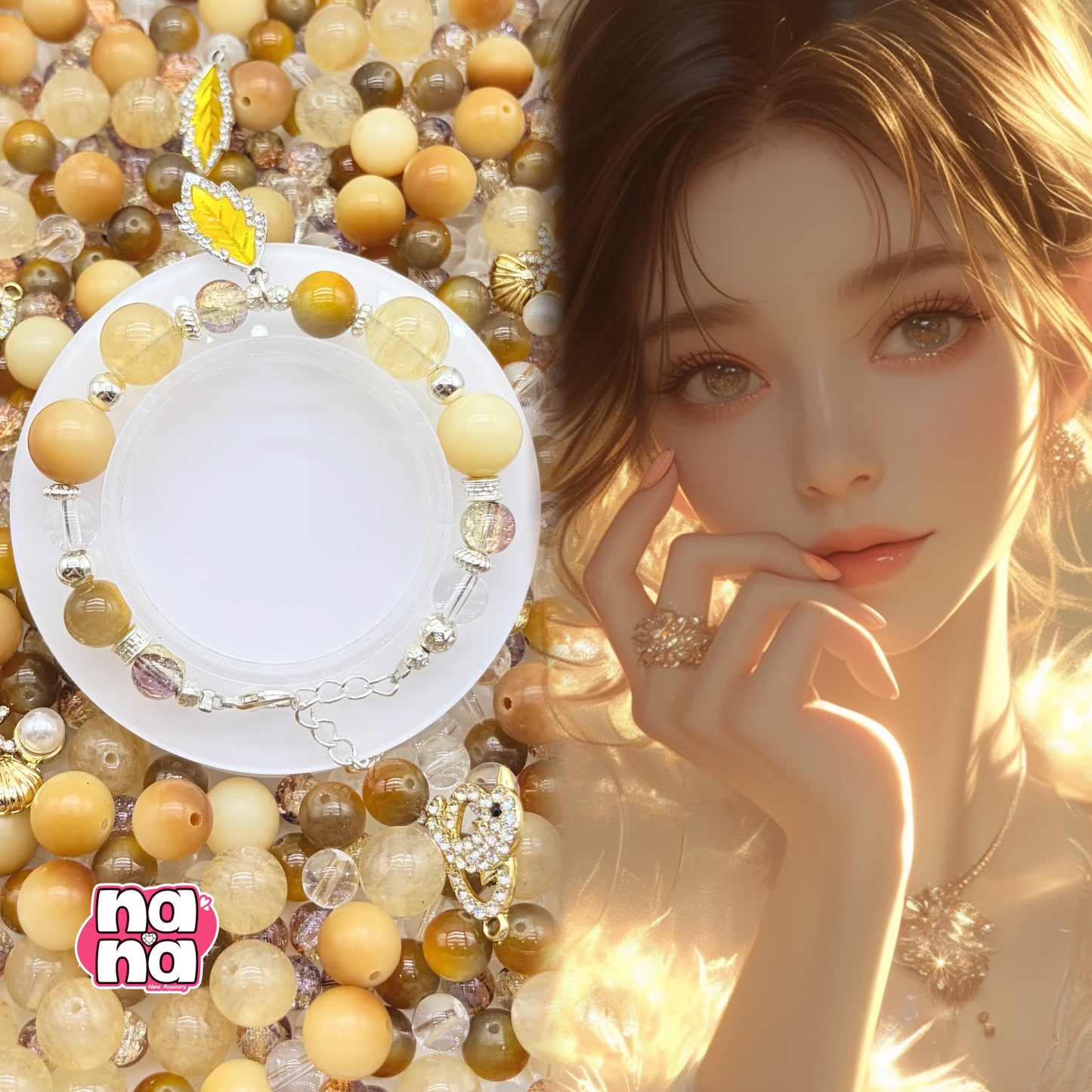 【Y1156】カフェモカ  高品質キャッツアイ&ガラス&菩提（10*10）